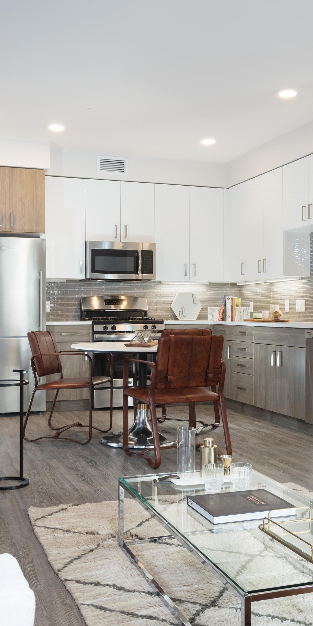 Menlo Park CA Apartments for Rent - Spacious Kitchen with Modern Interiors Fully Equipped with Stainless Steel Amenities Such As Fridge, Stove, and Microwave